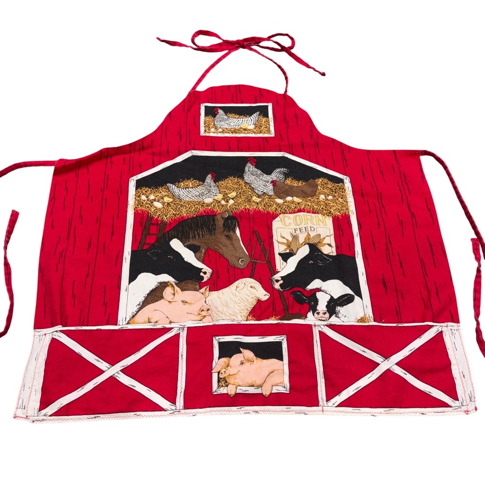 Farm Animals Barnyard Handmade Apron Women OS Red
